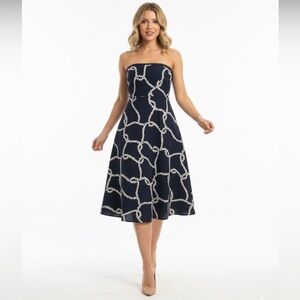 J Crew Factory strapless navy w/white & beige nautical style print dress